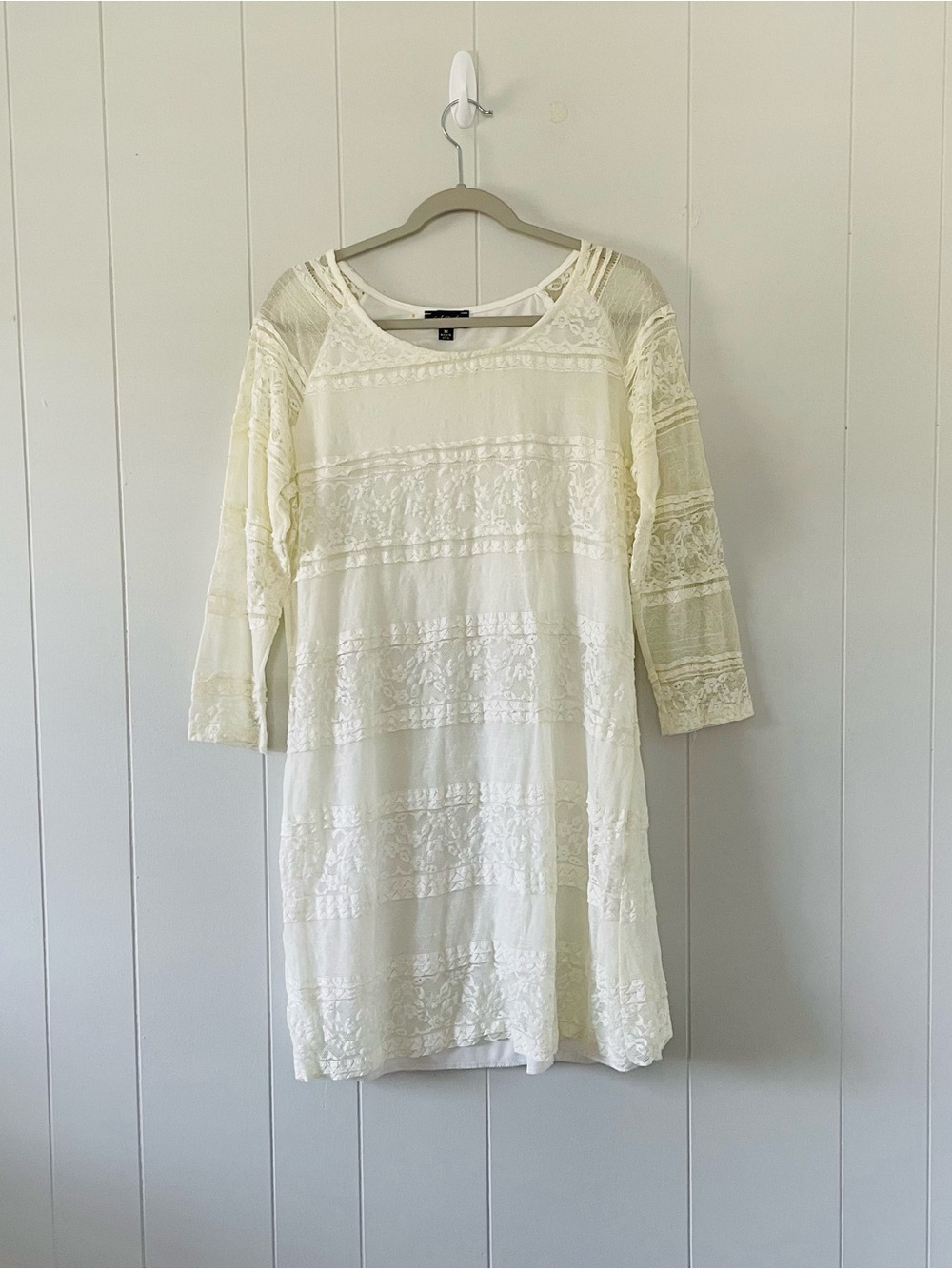 Cal Style White Ivory Lace Tunic Dress Medium 3/4 Sleeve Boho